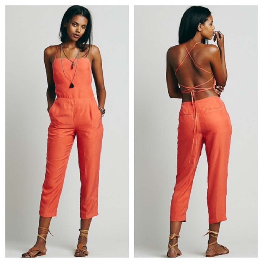 Free People Silk Backless Coral Jumpsuit